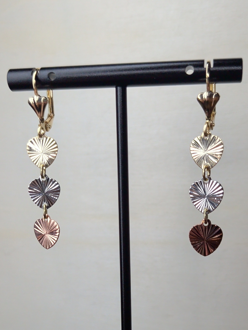 18k Gold Filled Tri-Color Heart Drop Earrings